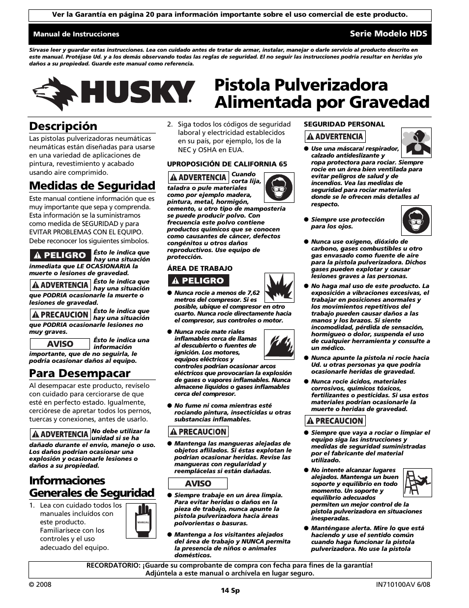 Pistola pulverizadora alimentada por gravedad, Descripción, Medidas de seguridad | Para desempacar, Informaciones generales de seguridad, Serie modelo hds | Husky HDS Series User Manual | Page 14 / 20