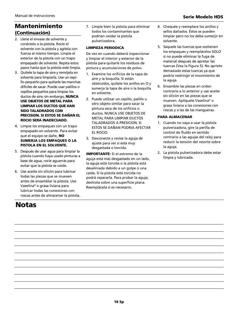 Notas, Mantenimiento, Continuación) | Husky HDS Series User Manual | Page 18 / 20