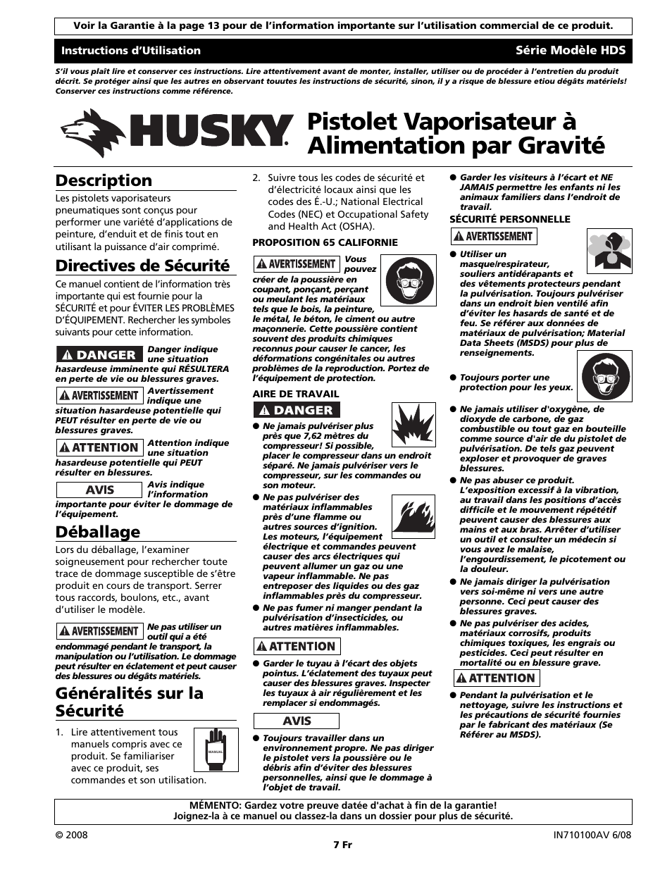 Pistolet vaporisateur à alimentation par gravité, Description, Directives de sécurité | Déballage, Généralités sur la sécurité, Série modèle hds | Husky HDS Series User Manual | Page 7 / 20