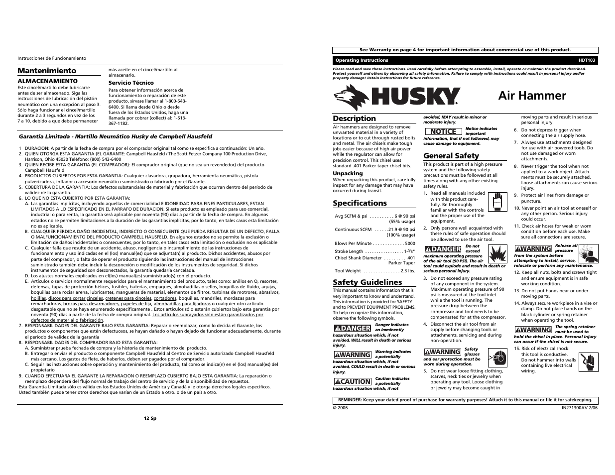 Husky HDT103 User Manual | 6 pages