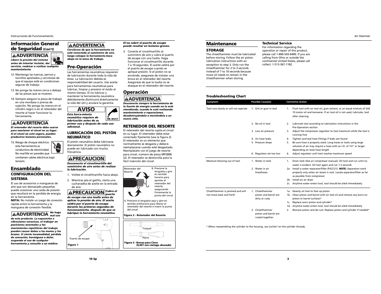 Aviso, Oil dai ly, Precaucion | Pre-operación, Advertencia, Operación, Información general de seguridad, Ensamblado, Maintenance | Husky HDT103 User Manual | Page 3 / 6