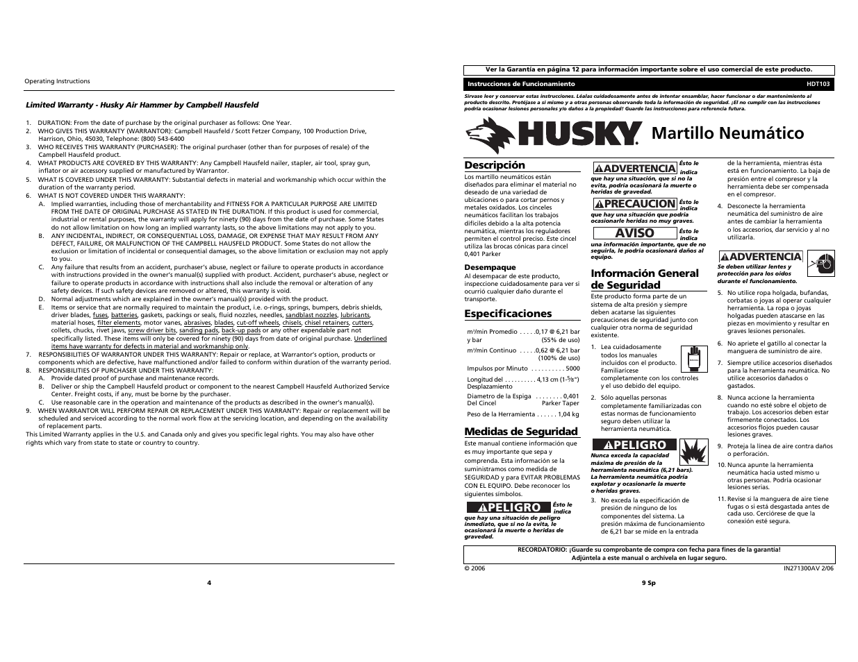 Martillo neumático, Aviso, Peligro | Precaucion, Descripción, Especificaciones, Medidas de seguridad, Información general de seguridad, Advertencia | Husky HDT103 User Manual | Page 4 / 6