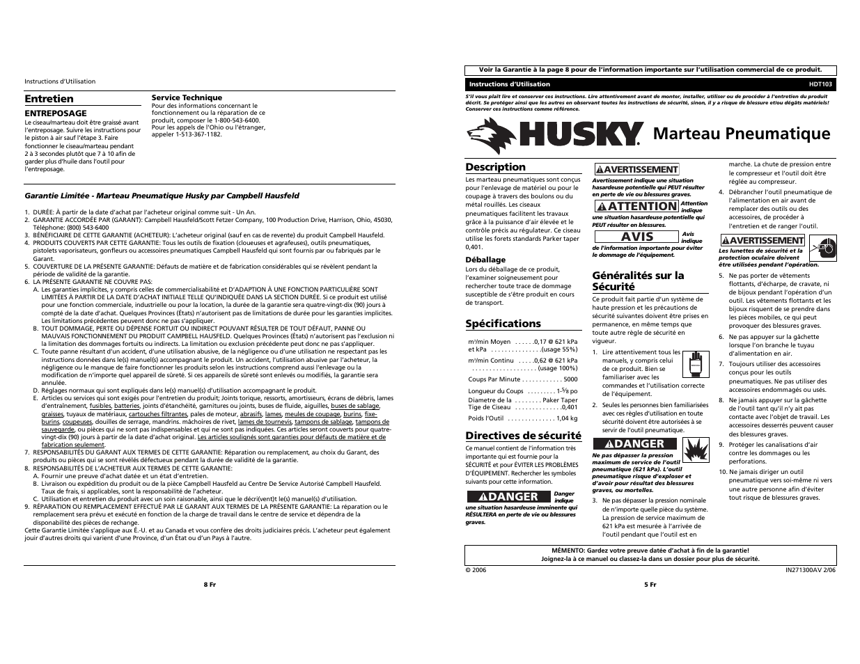 Marteau pneumatique, Avis, Attention | Danger, Description, Spécifications, Directives de sécurité, Généralités sur la sécurité, Entretien | Husky HDT103 User Manual | Page 5 / 6