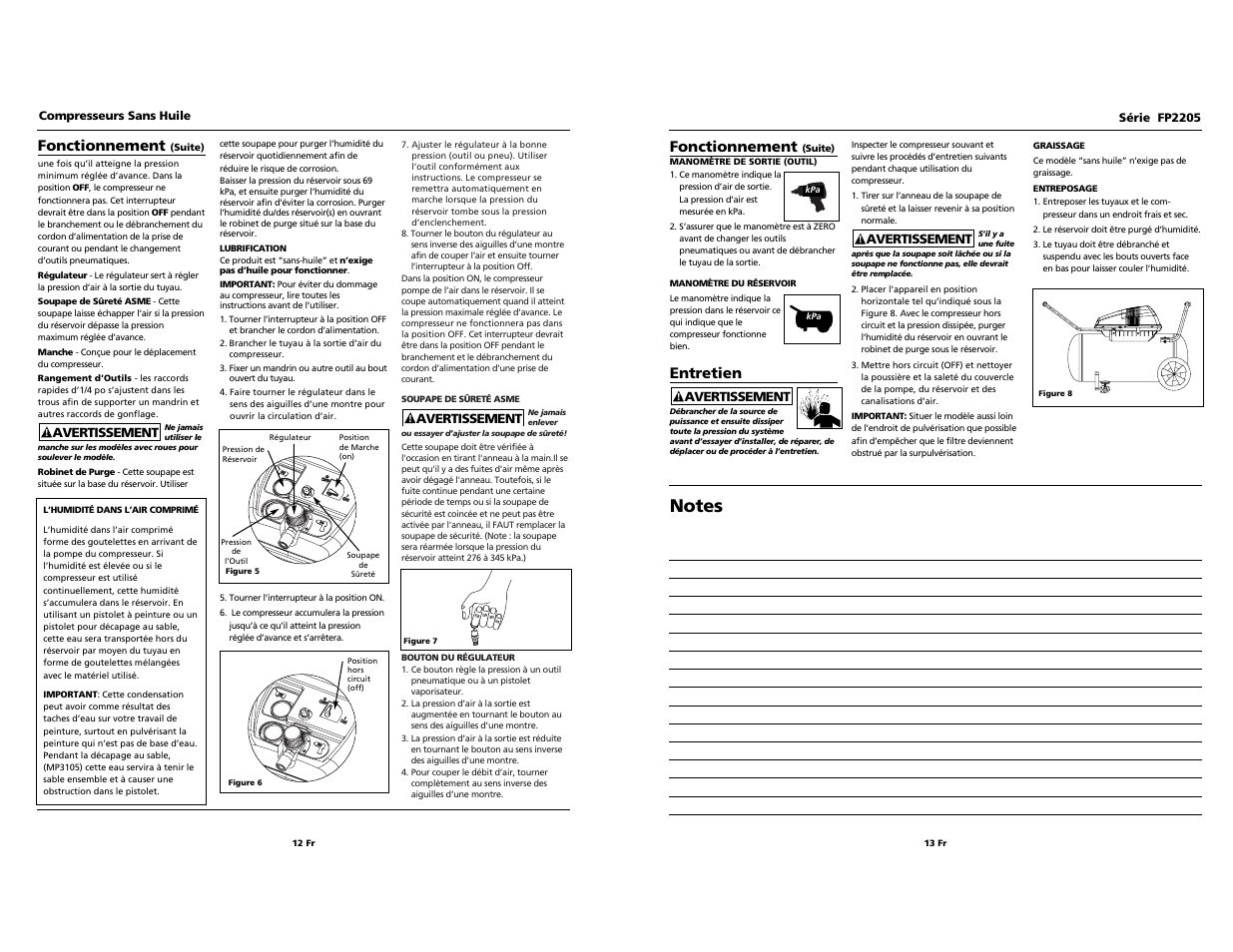 Fonctionnement, Entretien | Husky FP2205 User Manual | Page 13 / 24