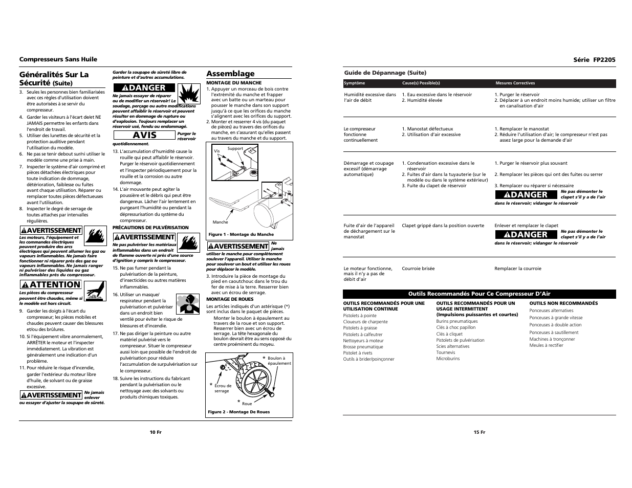 Attention, Avis, Danger | Généralités sur la sécurité, Assemblage | Husky FP2205 User Manual | Page 15 / 24