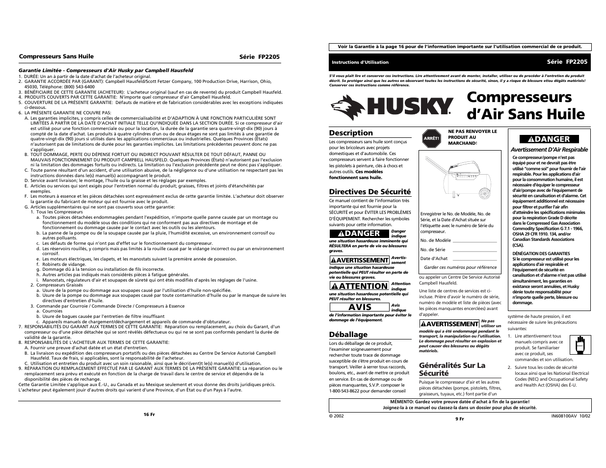 Compresseurs d’air sans huile, Avis, Attention | Danger, Généralités sur la sécurité, Description, Directives de sécurité, Déballage | Husky FP2205 User Manual | Page 16 / 24