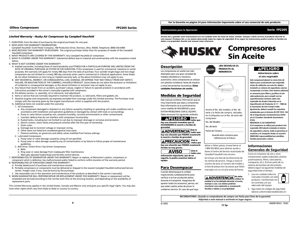 Compresores sin aceite, Aviso, Peligro | Precaucion, Advertencia, Descripción, Medidas de seguridad, Para desempacar | Husky FP2205 User Manual | Page 17 / 24