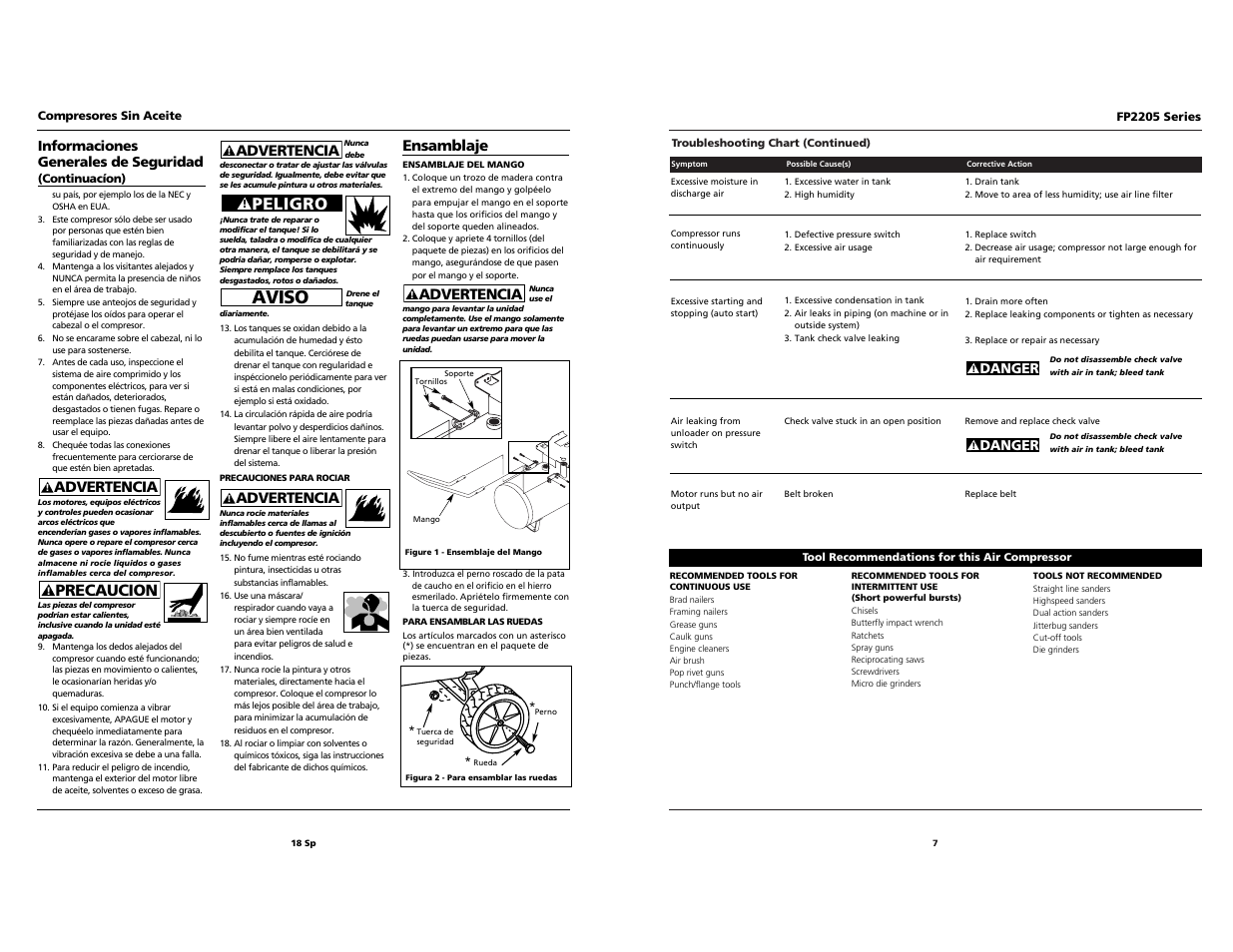 Aviso, Peligro, Precaucion | Advertencia, Advertencia ensamblaje | Husky FP2205 User Manual | Page 18 / 24