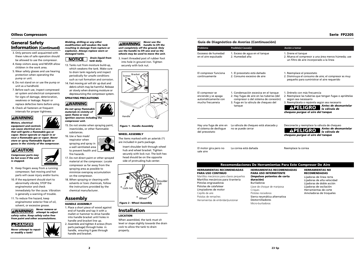 Peligro, General safety information, Assembly | Notice, Installation | Husky FP2205 User Manual | Page 2 / 24