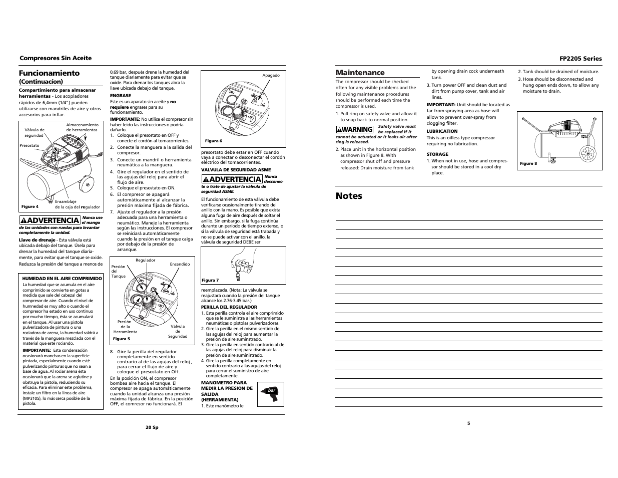 Maintenance, Funcionamiento, Advertencia | Husky FP2205 User Manual | Page 20 / 24