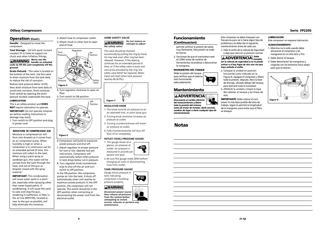 Notas, Funcionamiento, Mantenimiento | Advertencia, Operation | Husky FP2205 User Manual | Page 21 / 24