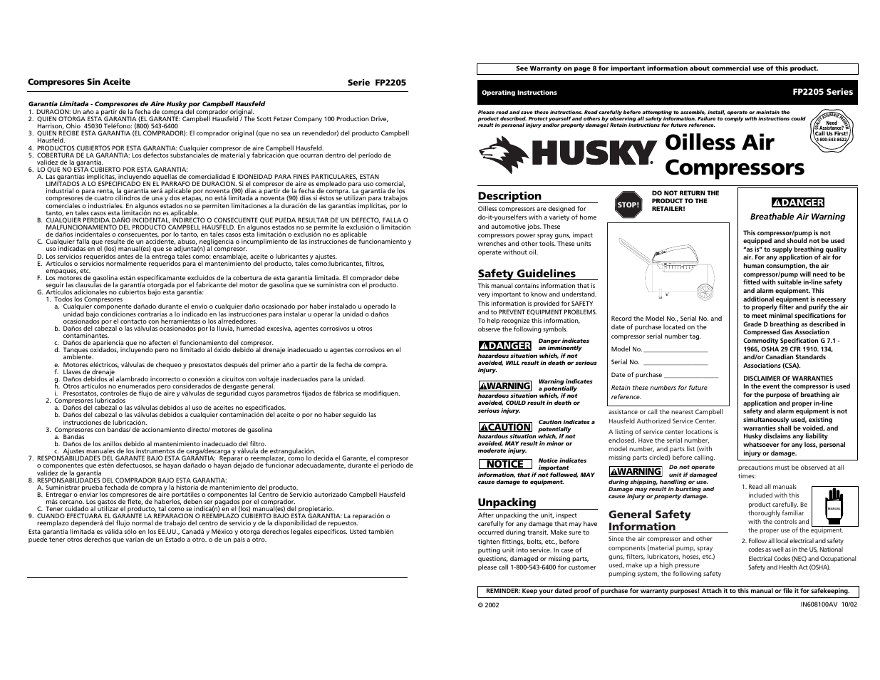 Oilless air compressors, General safety information, Description | Safety guidelines, Unpacking, Notice | Husky FP2205 User Manual | Page 24 / 24