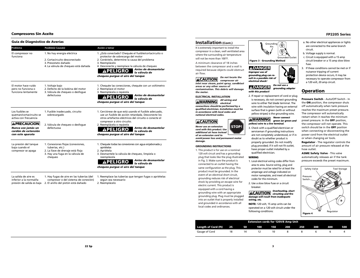 Peligro, Installation, Operation | Husky FP2205 User Manual | Page 3 / 24