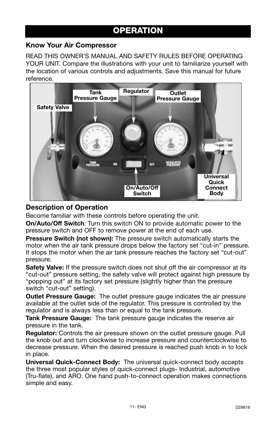 Operation, Description of operation, Know your air compressor | Husky D29616 User Manual | Page 11 / 56
