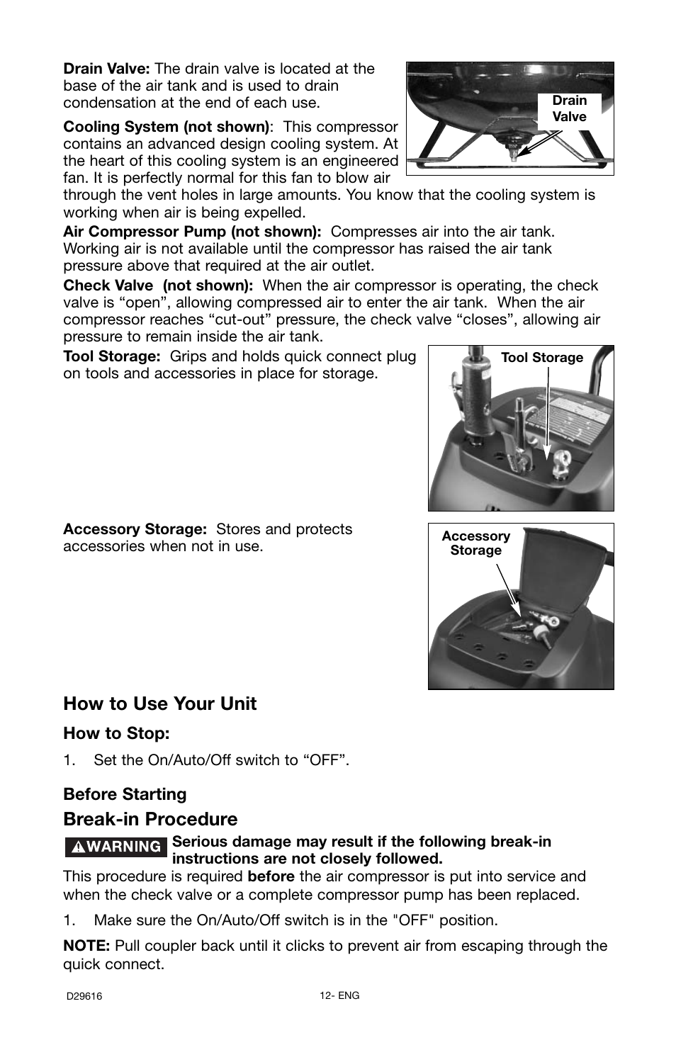 Break-in procedure, How to use your unit | Husky D29616 User Manual | Page 12 / 56