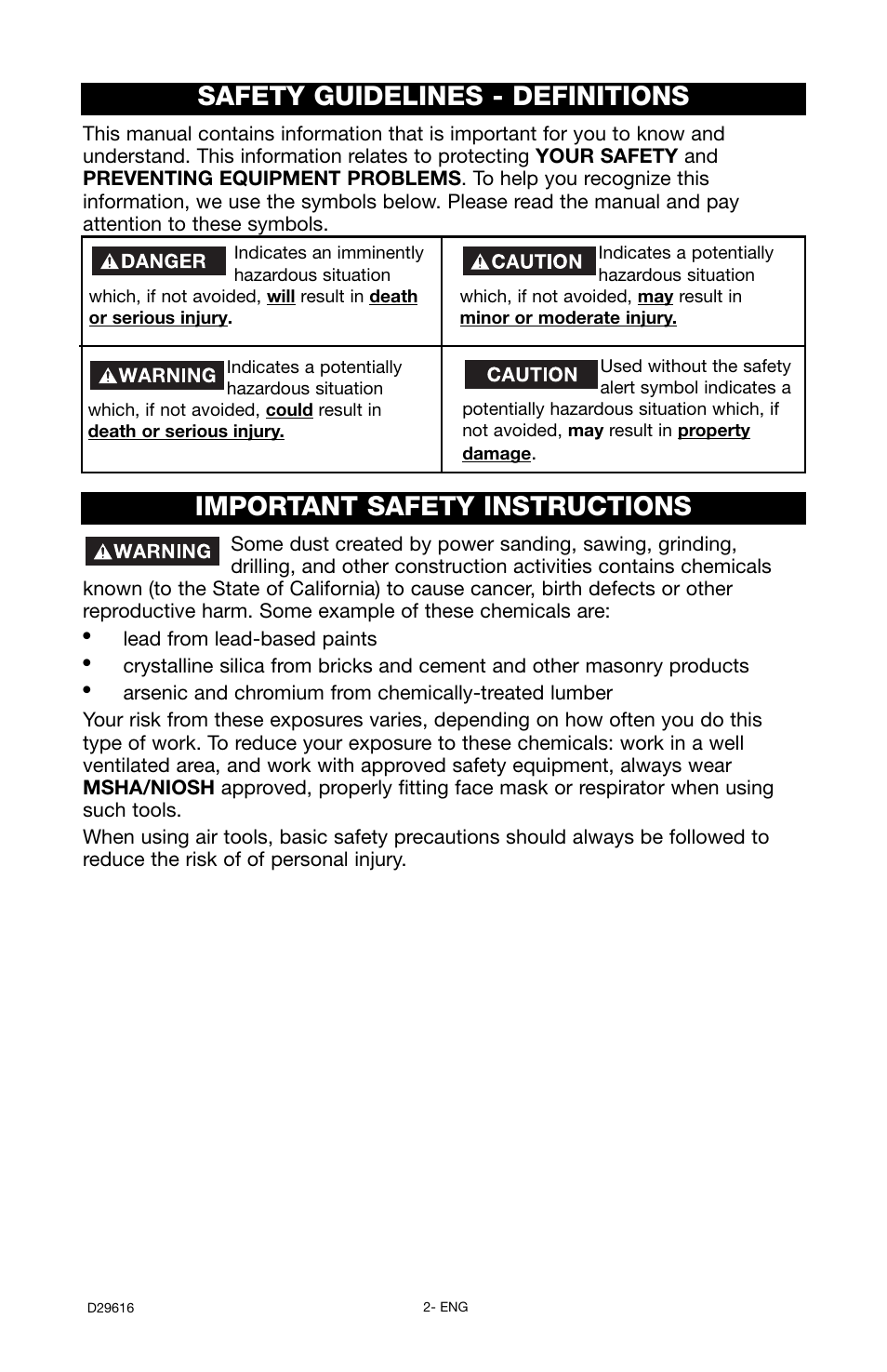 Safety guidelines - definitions, Important safety instructions | Husky D29616 User Manual | Page 2 / 56