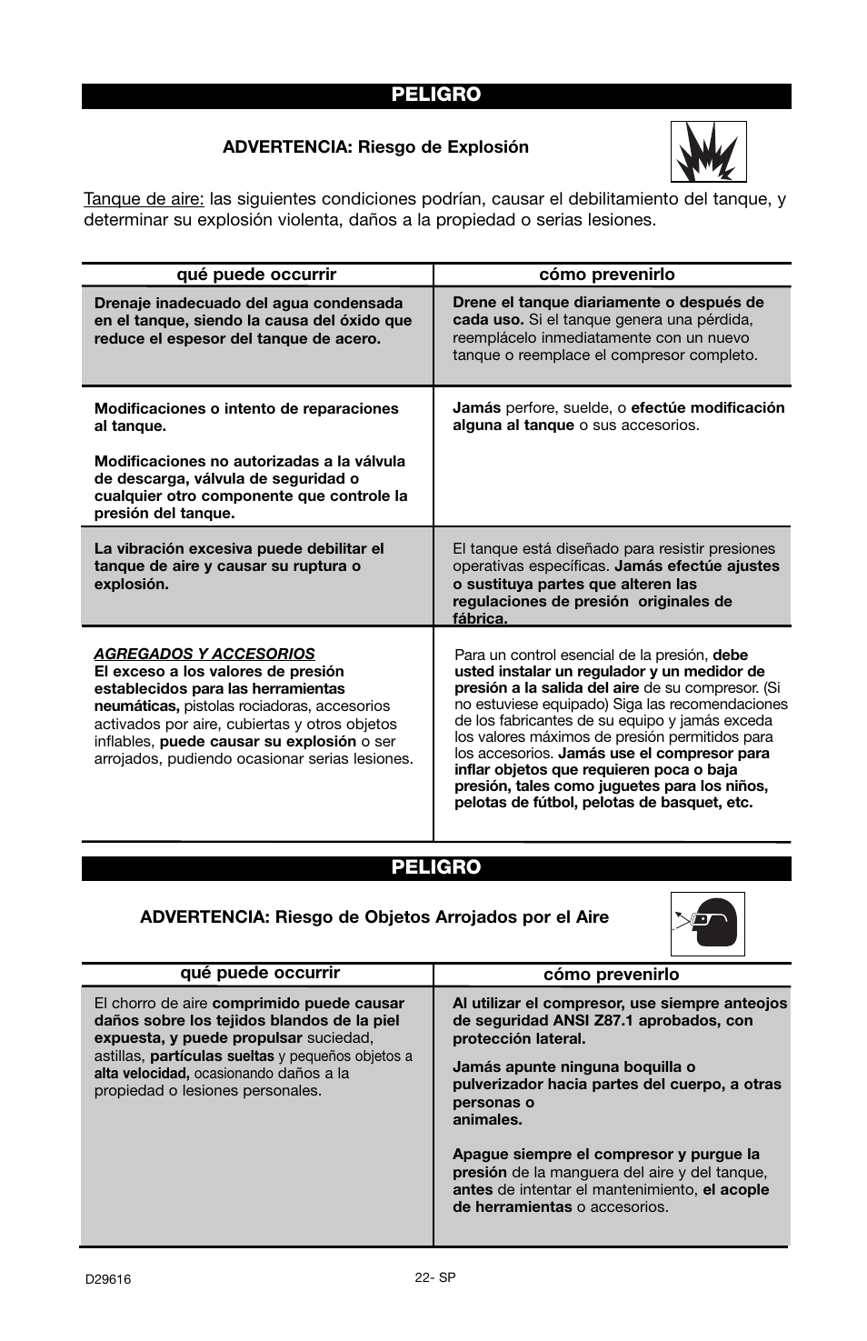 Peligro | Husky D29616 User Manual | Page 22 / 56