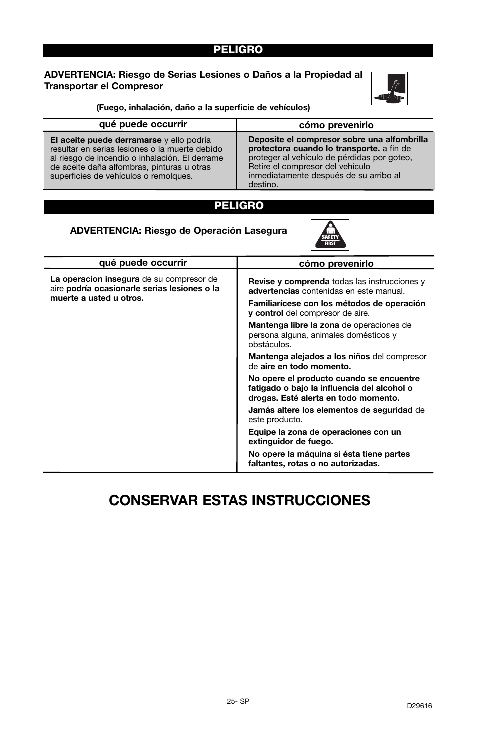 Conservar estas instrucciones | Husky D29616 User Manual | Page 25 / 56
