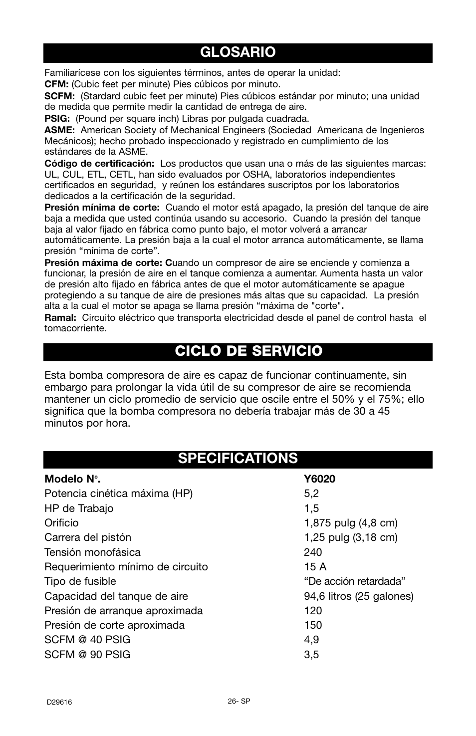 Glosario ciclo de servicio specifications | Husky D29616 User Manual | Page 26 / 56