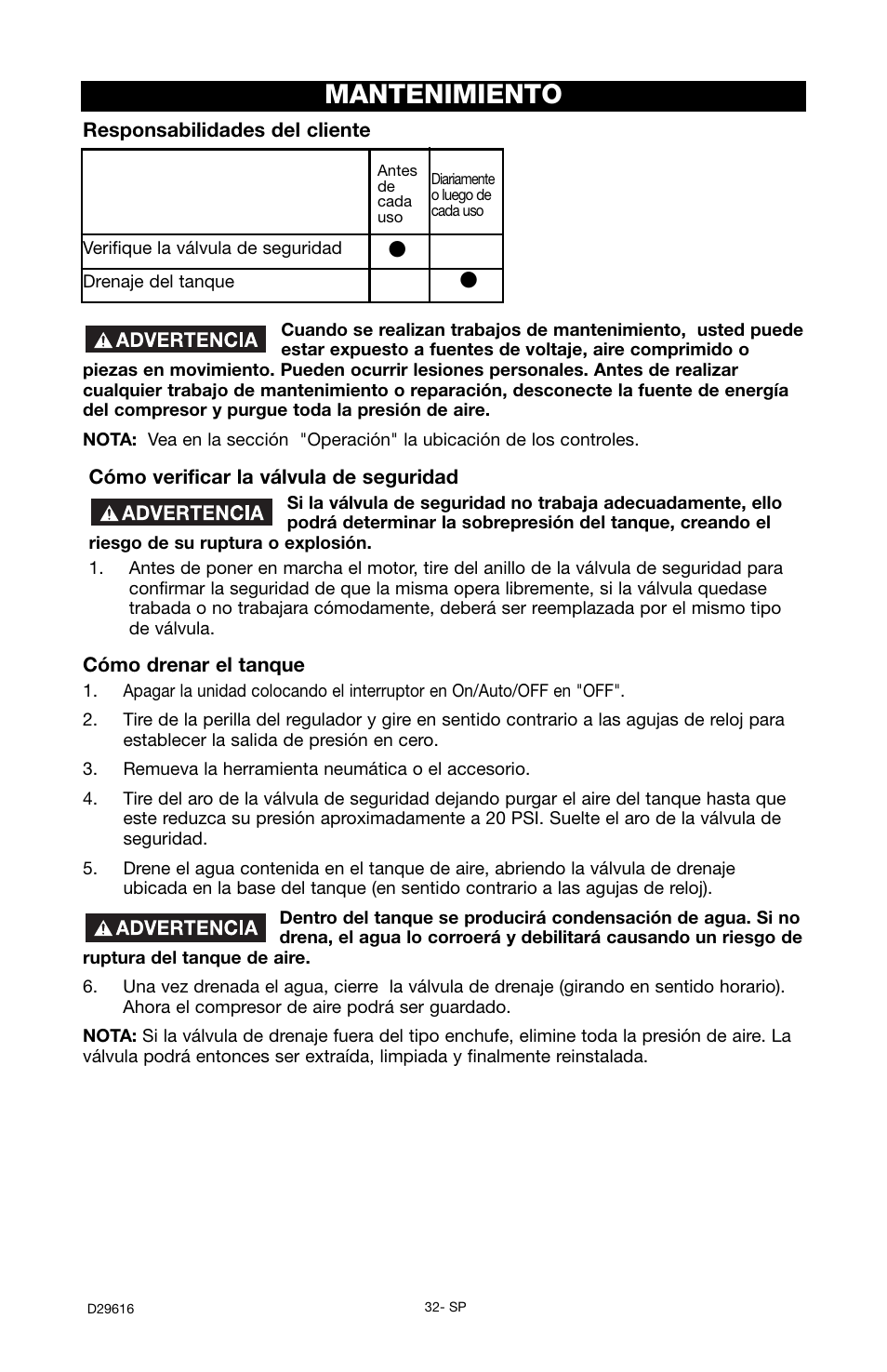 Mantenimiento | Husky D29616 User Manual | Page 32 / 56