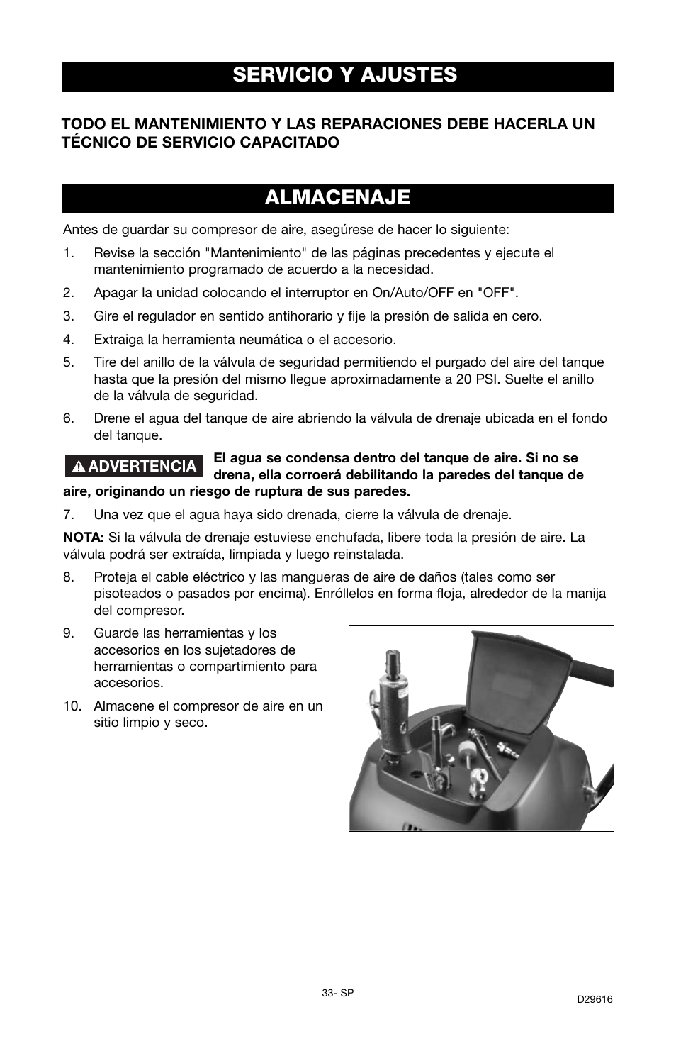 Almacenaje, Servicio y ajustes | Husky D29616 User Manual | Page 33 / 56