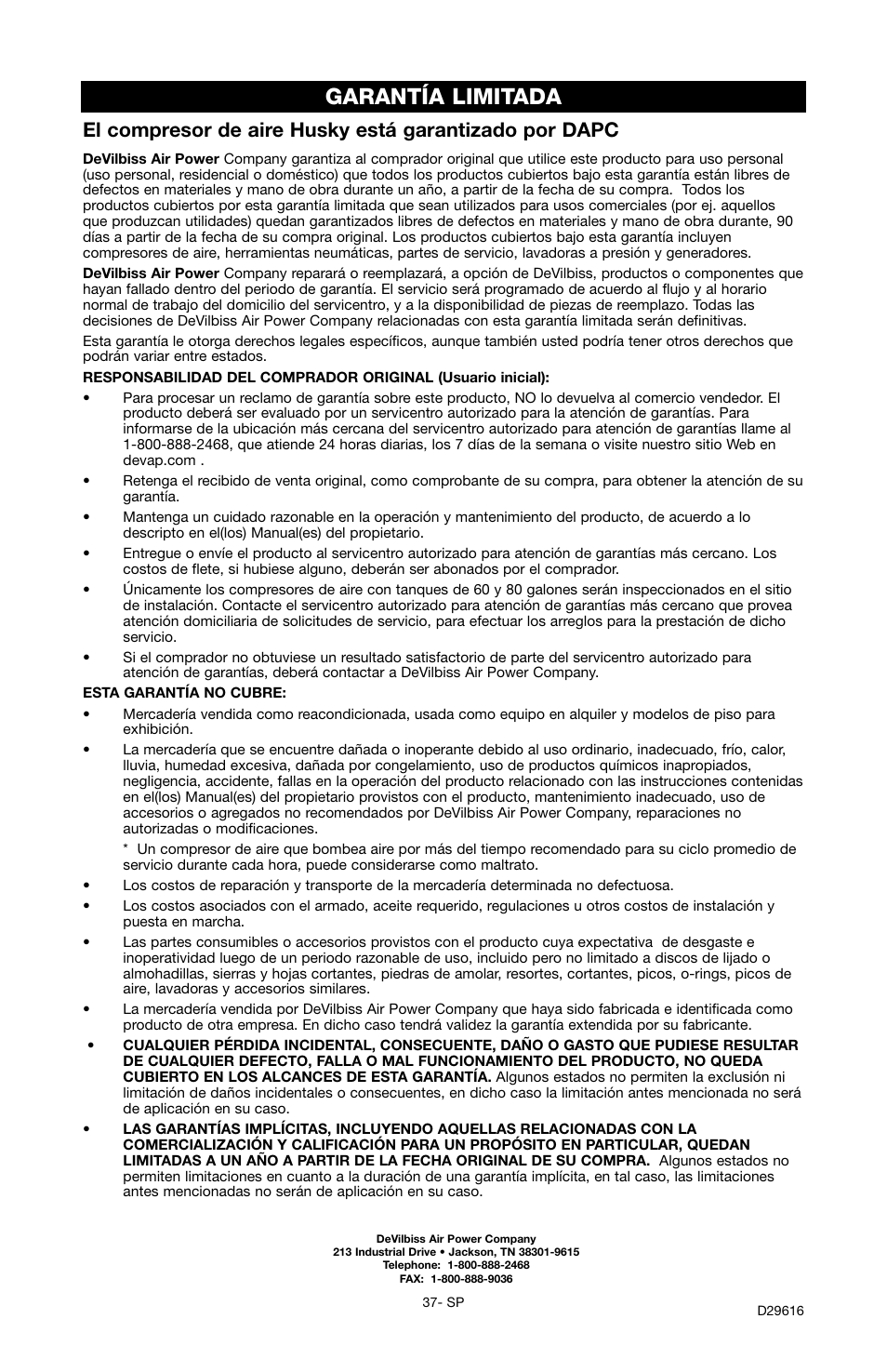 Garantía limitada | Husky D29616 User Manual | Page 37 / 56