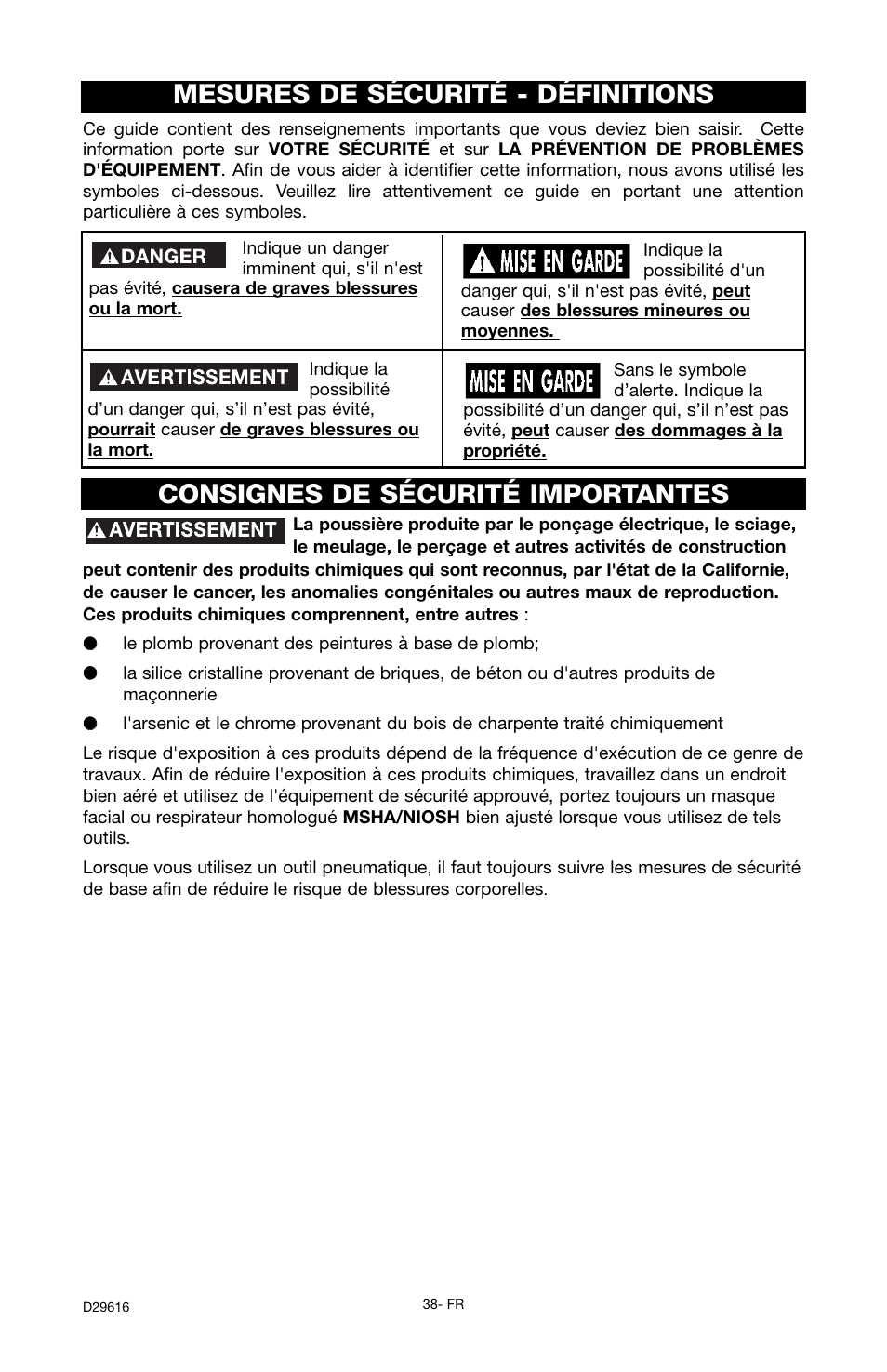 Consignes de sécurité importantes, Mesures de sécurité - définitions | Husky D29616 User Manual | Page 38 / 56