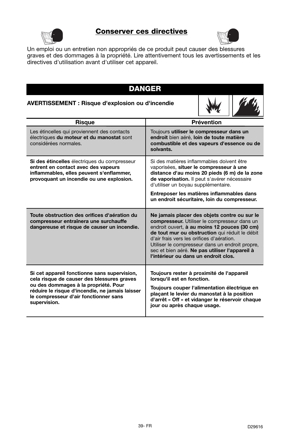 Danger, Conserver ces directives | Husky D29616 User Manual | Page 39 / 56