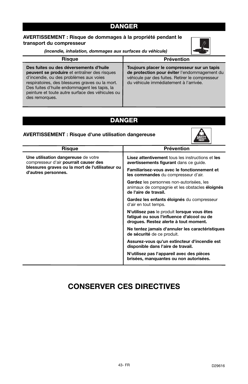 Conserver ces directives, Danger | Husky D29616 User Manual | Page 43 / 56