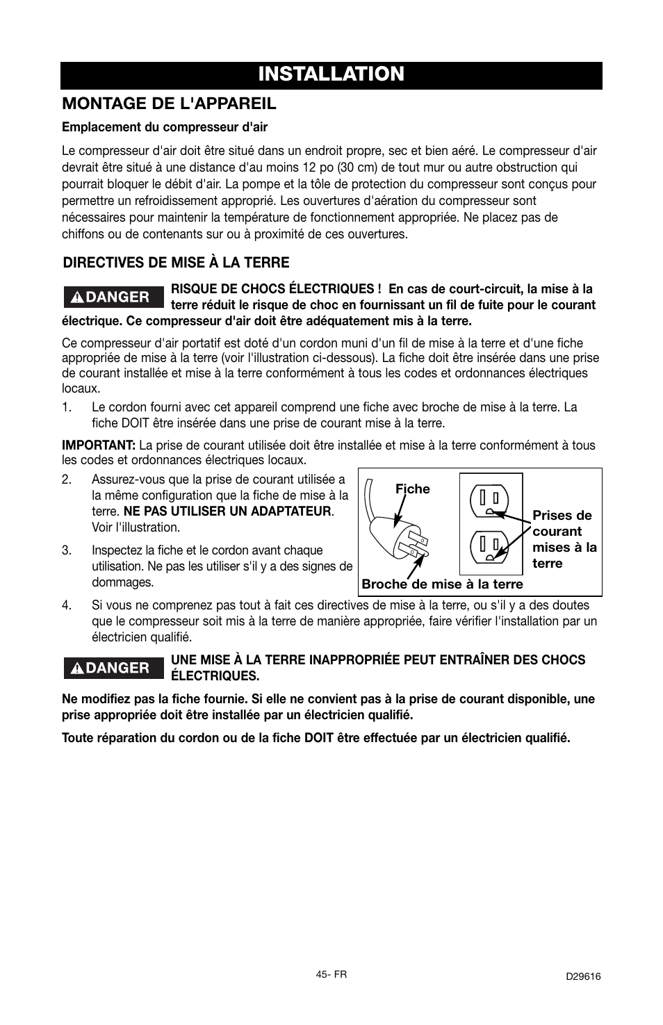 Installation, Montage de l'appareil | Husky D29616 User Manual | Page 45 / 56