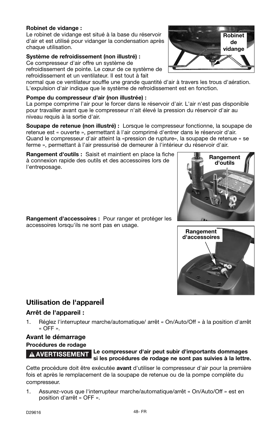 Utilisation de l'apparei | Husky D29616 User Manual | Page 48 / 56