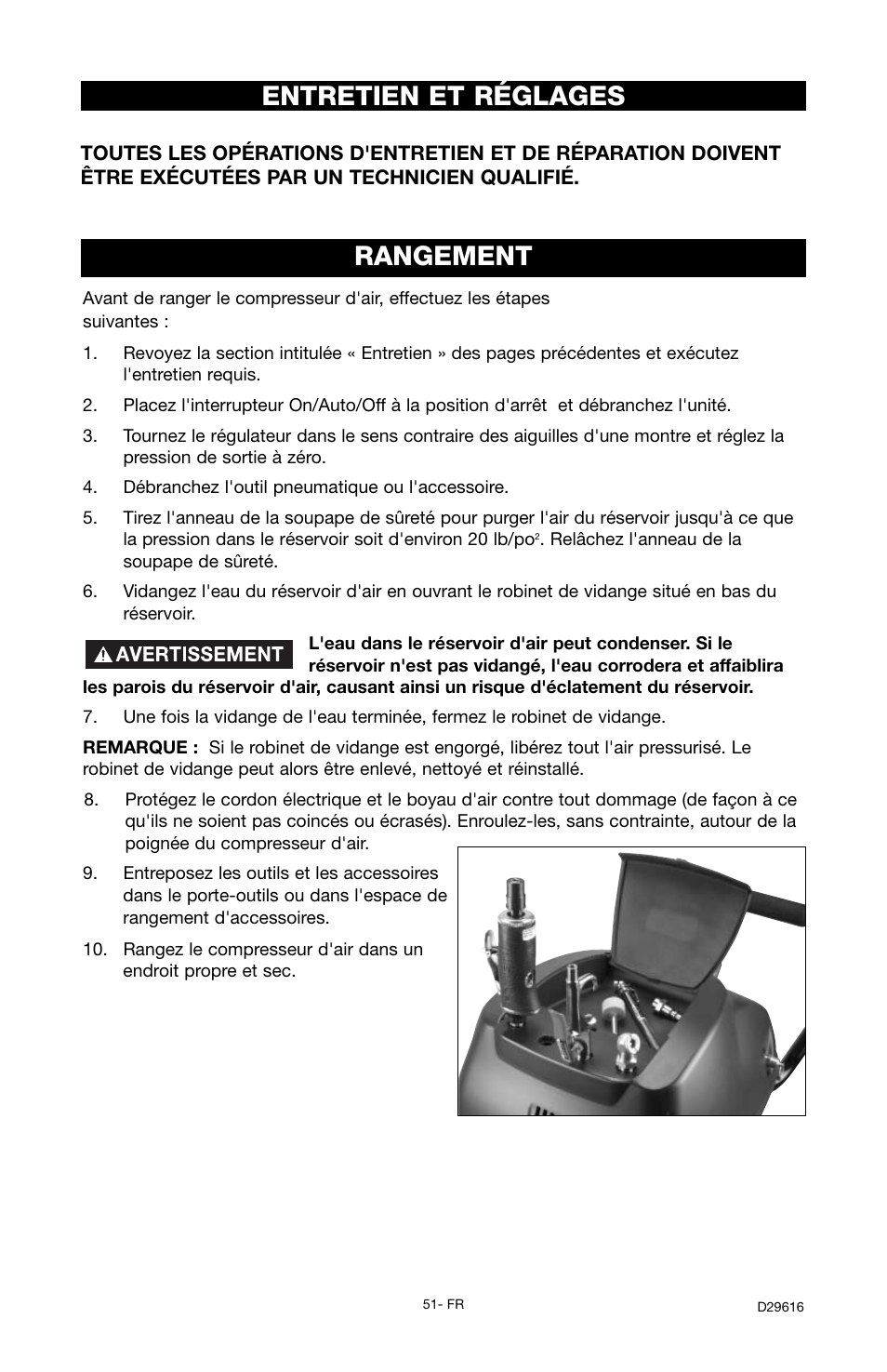 Rangement, Entretien et réglages | Husky D29616 User Manual | Page 51 / 56