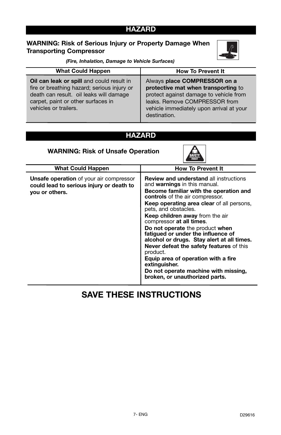 Save these instructions, Hazard | Husky D29616 User Manual | Page 7 / 56