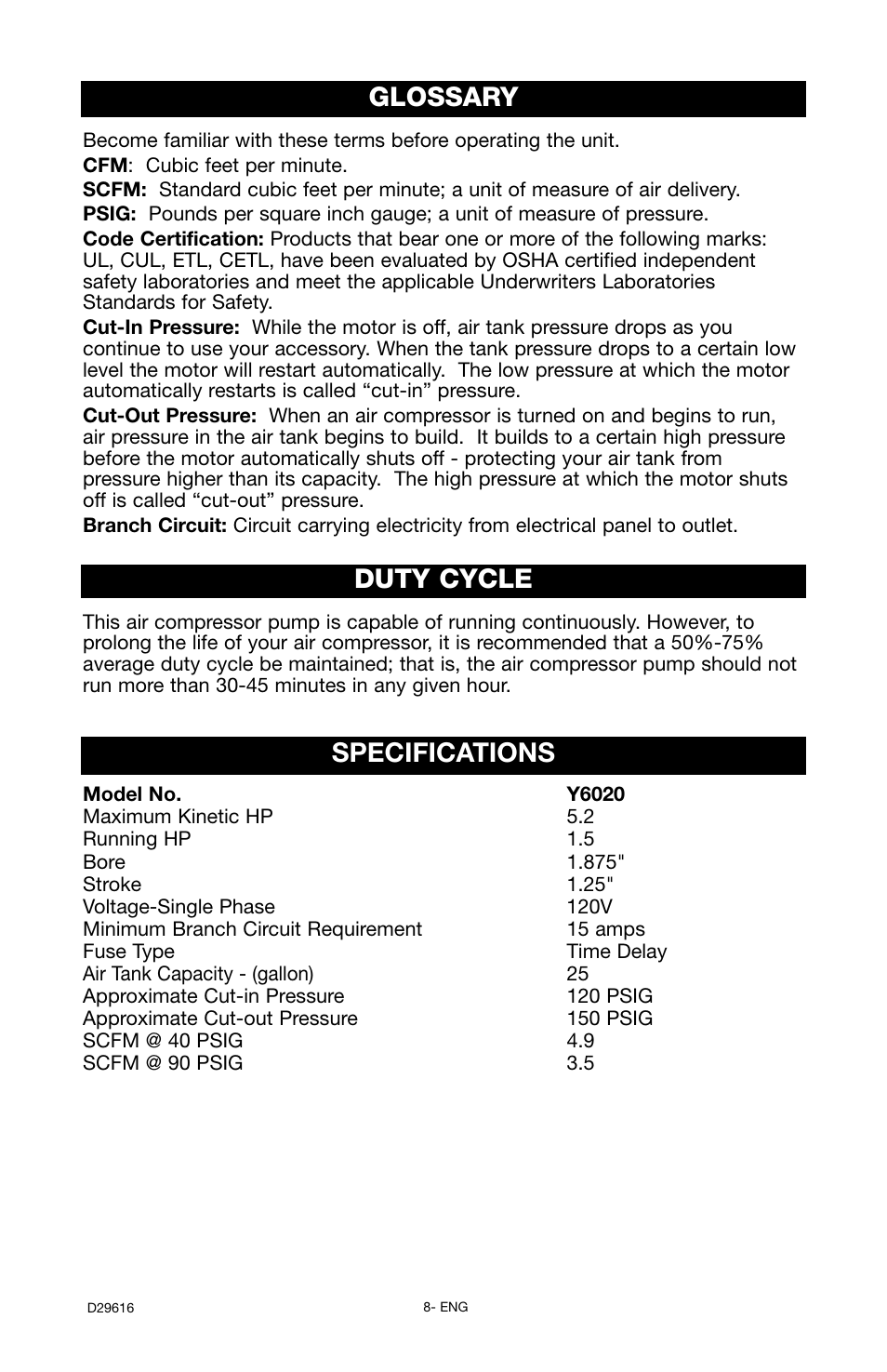 Glossary duty cycle, Specifications | Husky D29616 User Manual | Page 8 / 56