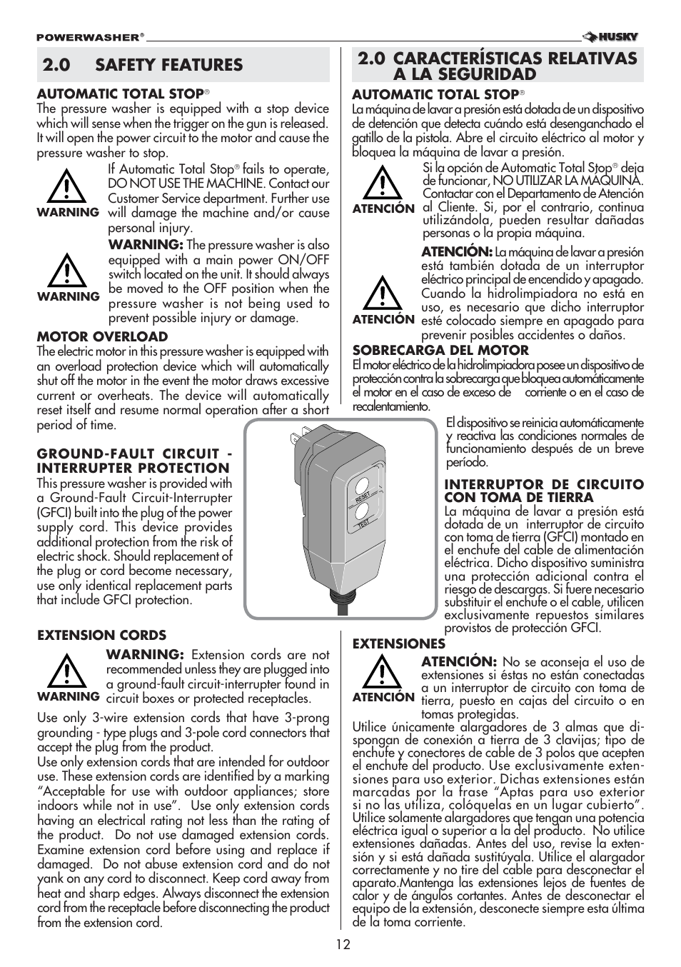 0 características relativas a la seguridad, 0 safety features | Husky POWERWASHER 1800PSI User Manual | Page 12 / 36