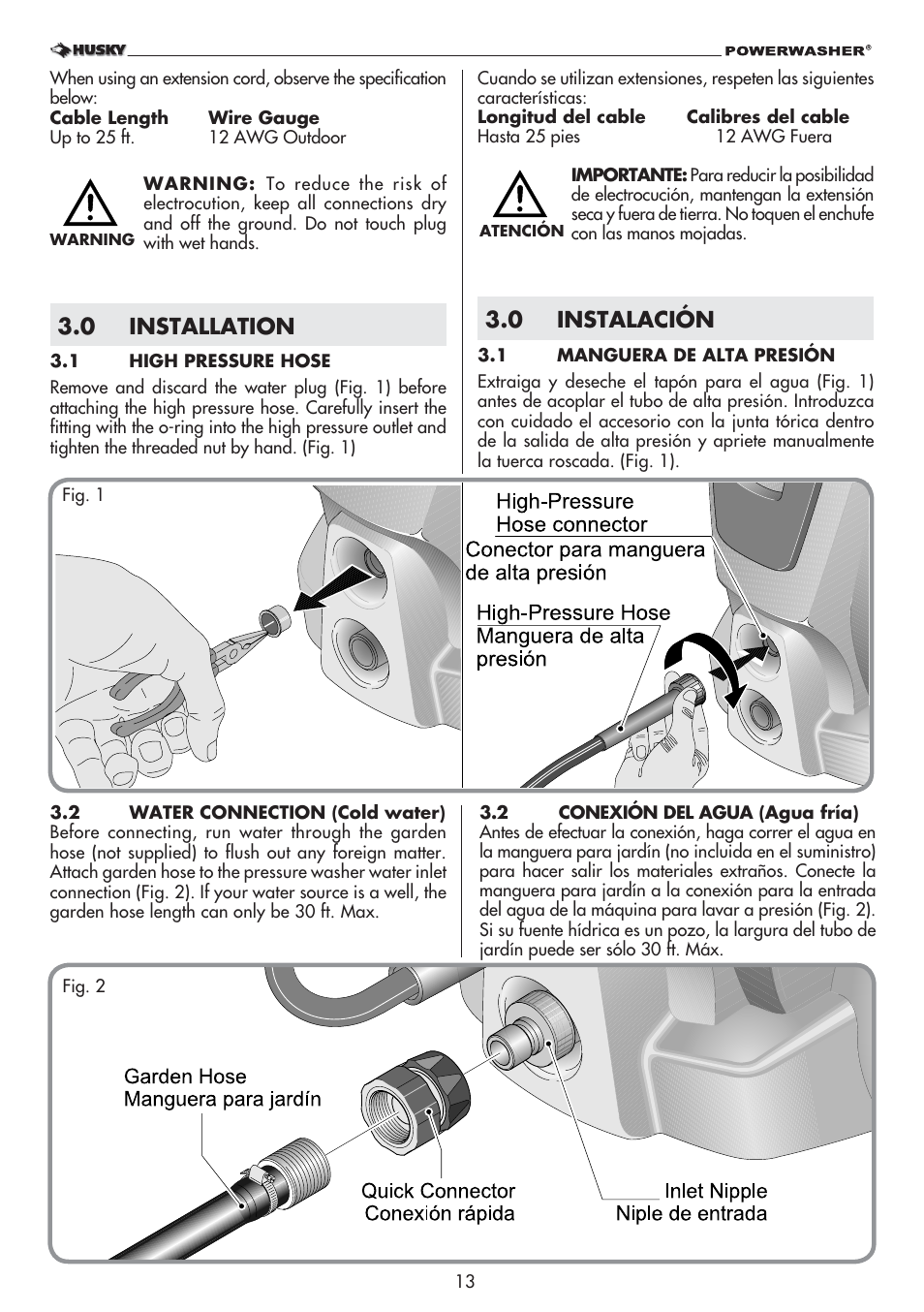 0 installation, 0 instalación | Husky POWERWASHER 1800PSI User Manual | Page 13 / 36