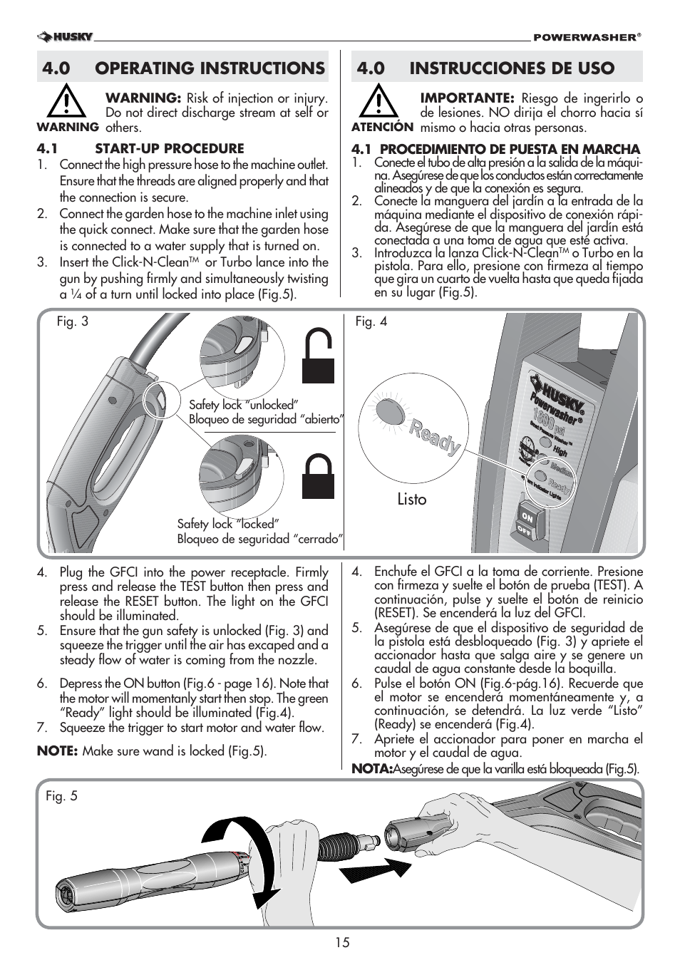 0 operating instructions, 0 instrucciones de uso, Listo | Husky POWERWASHER 1800PSI User Manual | Page 15 / 36