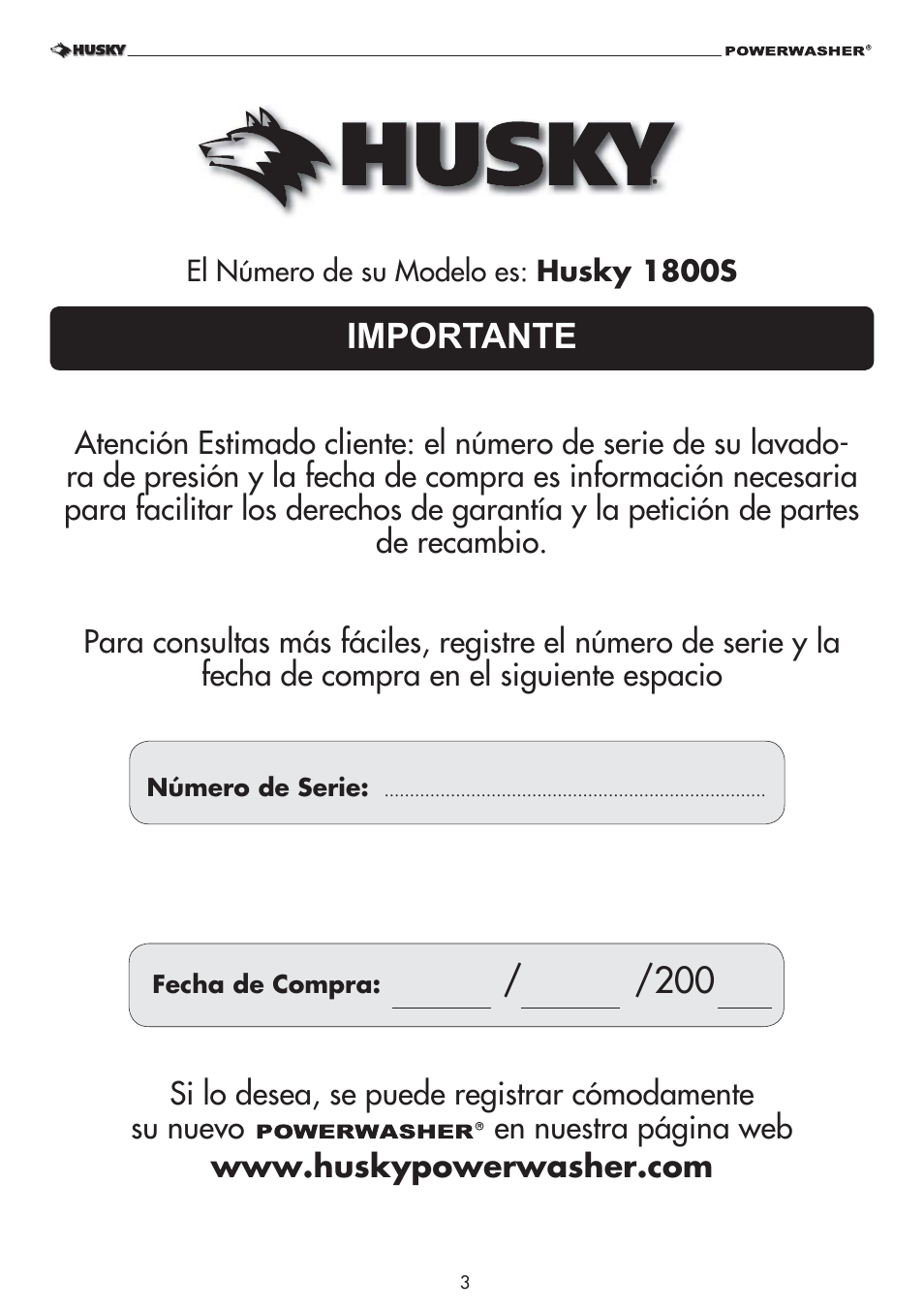 Importante | Husky POWERWASHER 1800PSI User Manual | Page 3 / 36