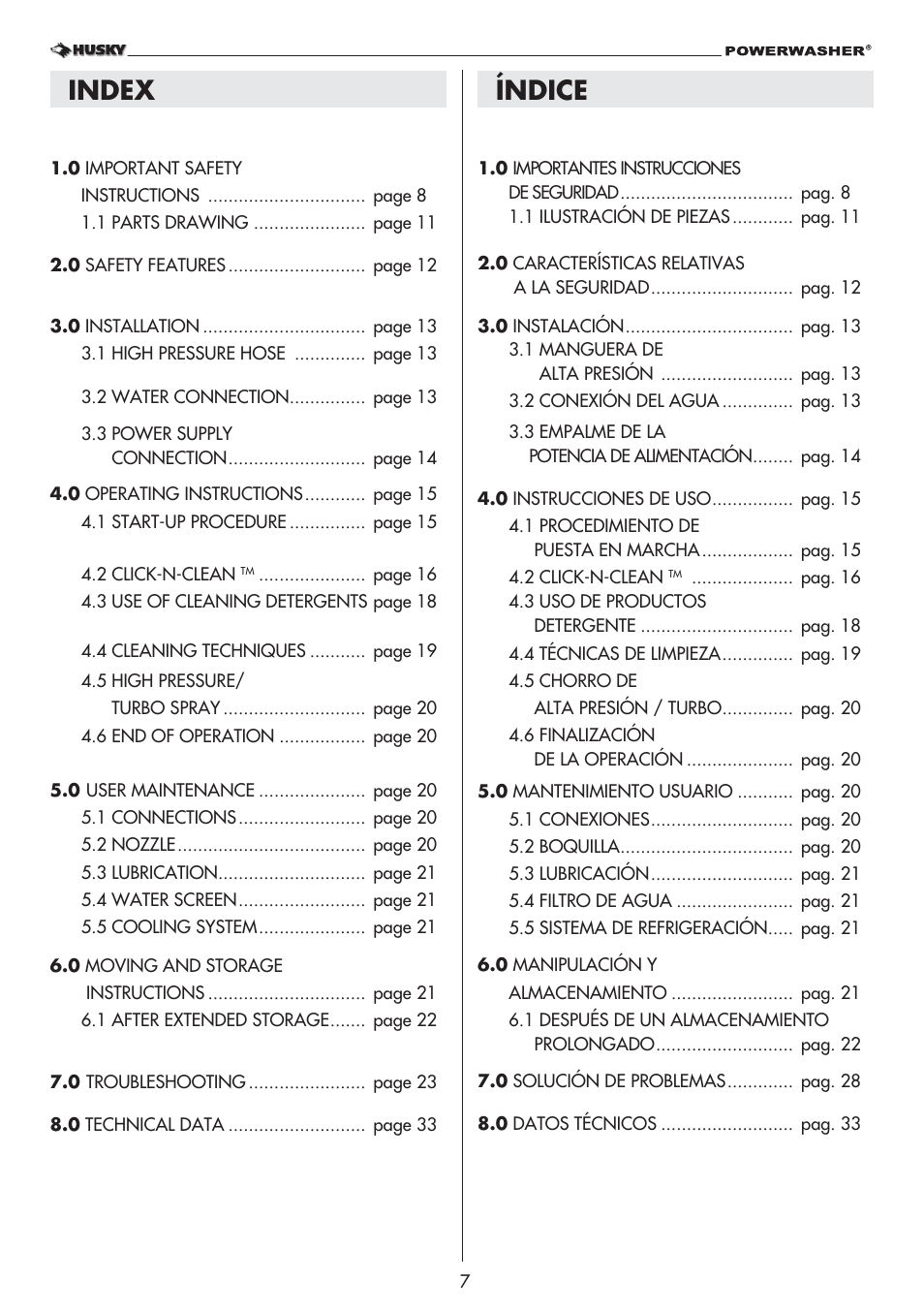 Índice, Index | Husky POWERWASHER 1800PSI User Manual | Page 7 / 36