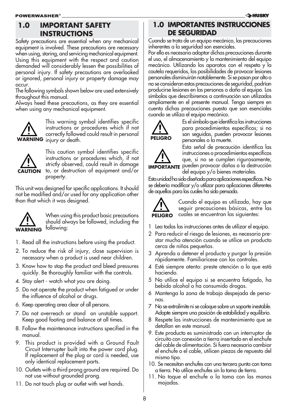 0 importantes instrucciones de seguridad, 0 important safety instructions | Husky POWERWASHER 1800PSI User Manual | Page 8 / 36