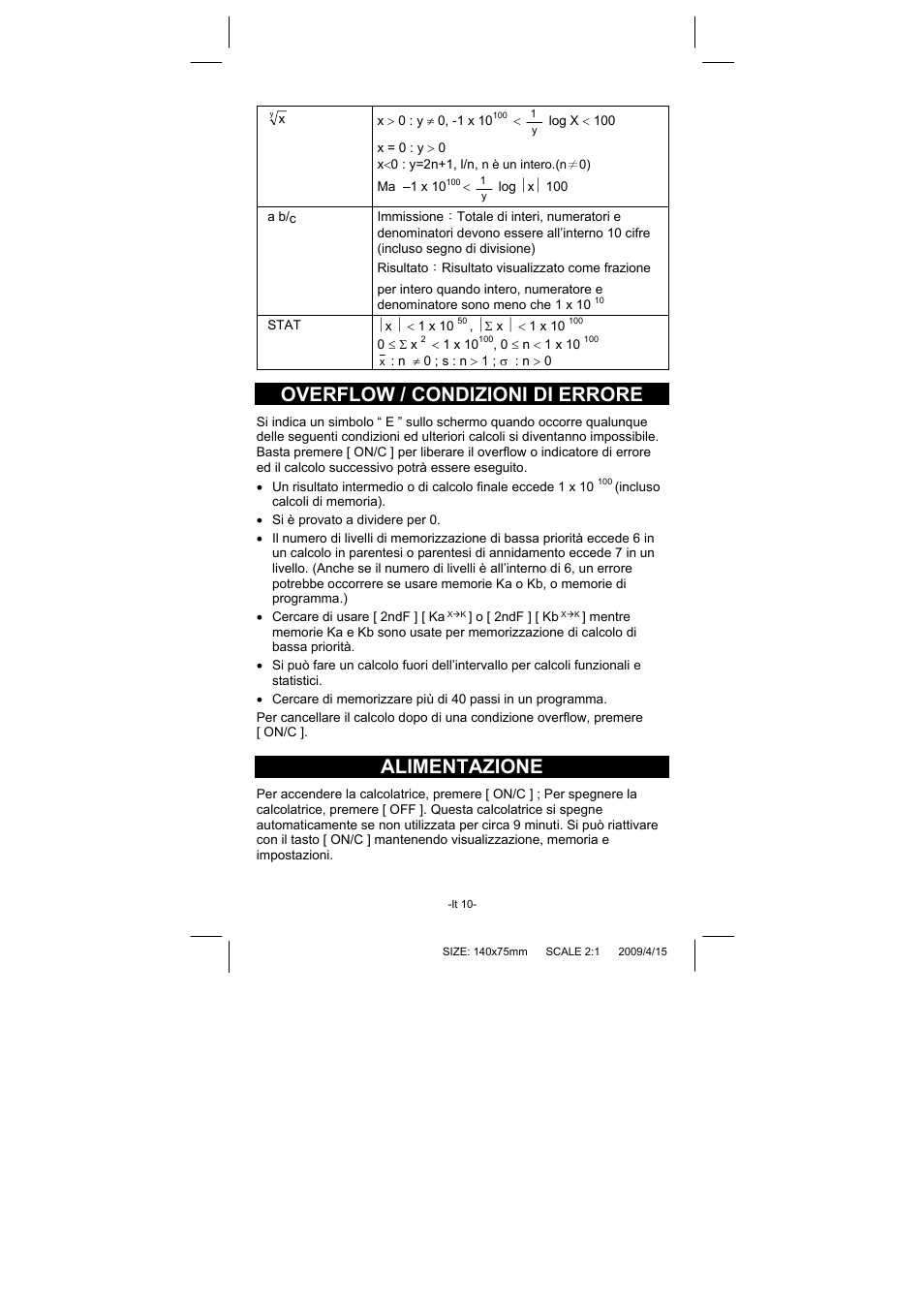 Overflow / condizioni di errore, Alimentazione | CITIZEN SRP-265N User Manual | Page 105 / 192