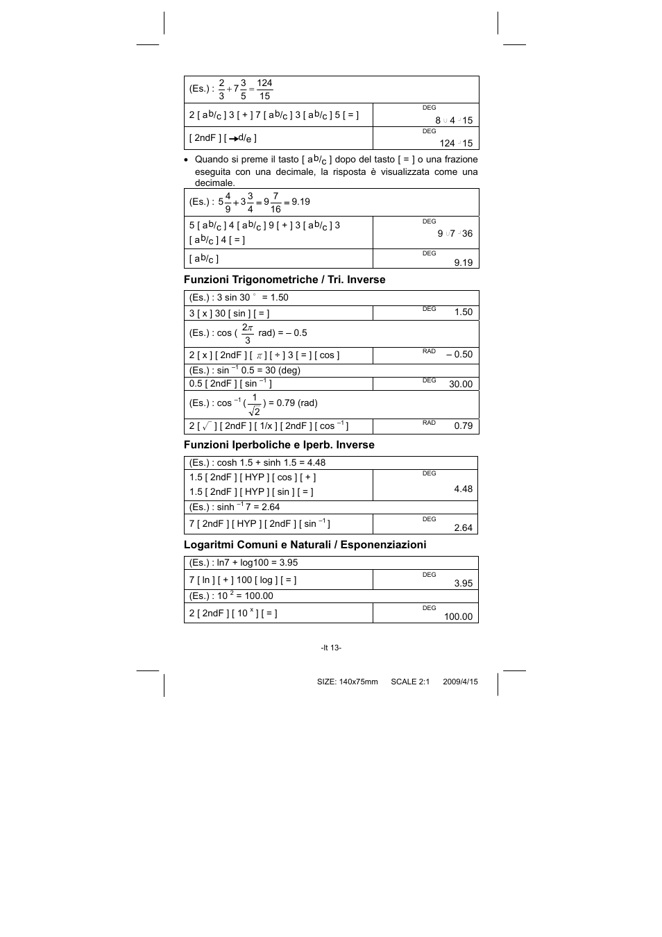 Funzioni trigonometriche / tri. inverse, Funzioni iperboliche e iperb. inverse, Logaritmi comuni e naturali / esponenziazioni | CITIZEN SRP-265N User Manual | Page 108 / 192
