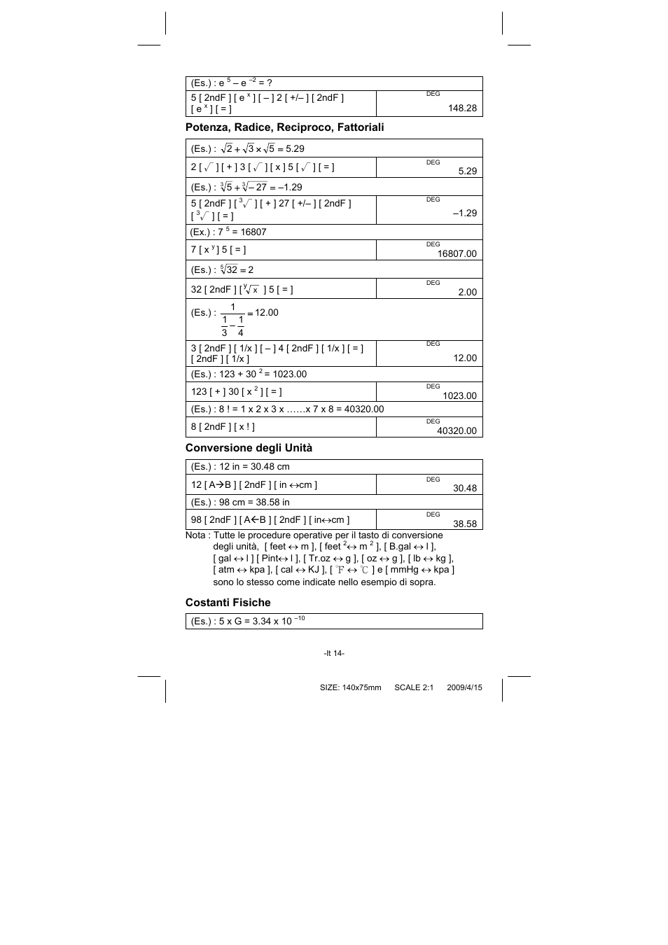 Potenza, radice, reciproco, fattoriali, Conversione degli unità, Costanti fisiche | CITIZEN SRP-265N User Manual | Page 109 / 192
