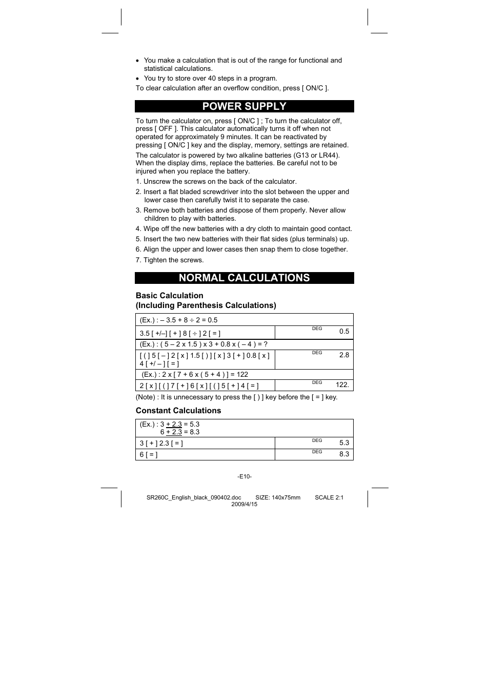 Power supply, Normal calculations | CITIZEN SRP-265N User Manual | Page 11 / 192