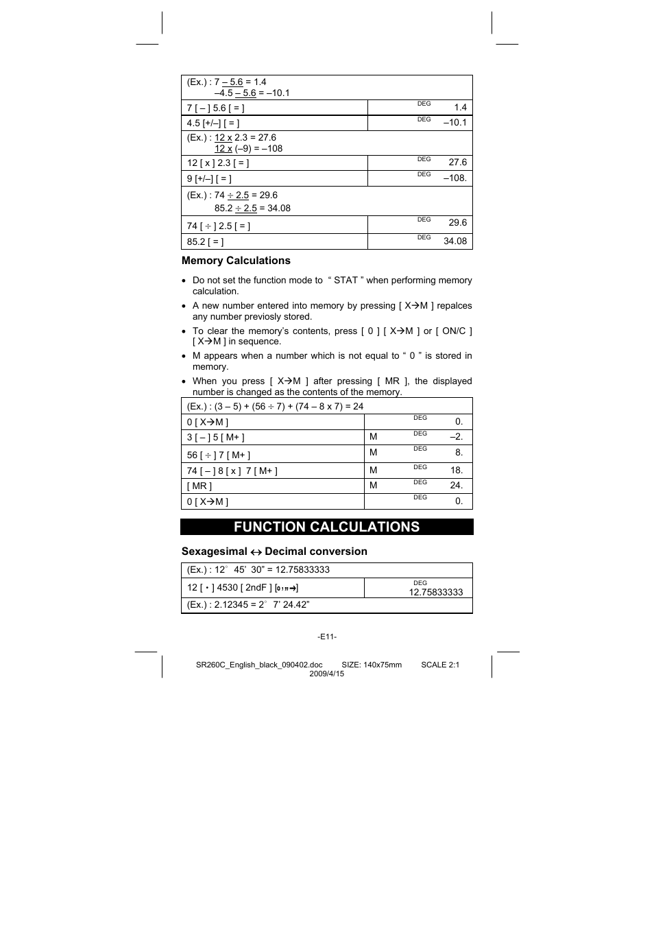 Function calculations, Sexagesimal ↔ decimal conversion | CITIZEN SRP-265N User Manual | Page 12 / 192