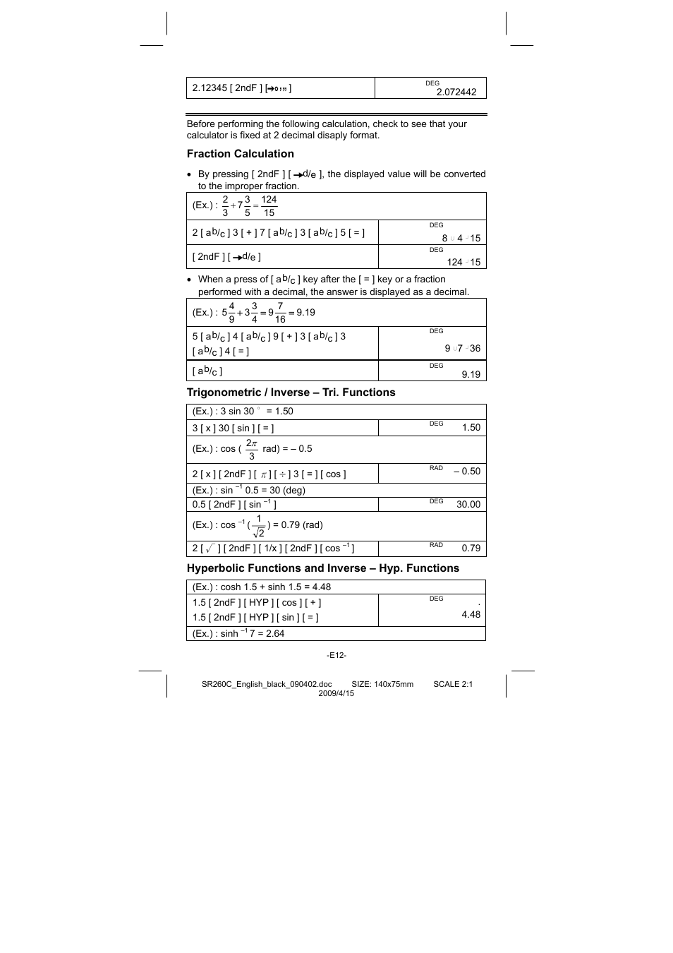 Fraction calculation, Trigonometric / inverse – tri. functions, Hyperbolic functions and inverse – hyp. functions | CITIZEN SRP-265N User Manual | Page 13 / 192