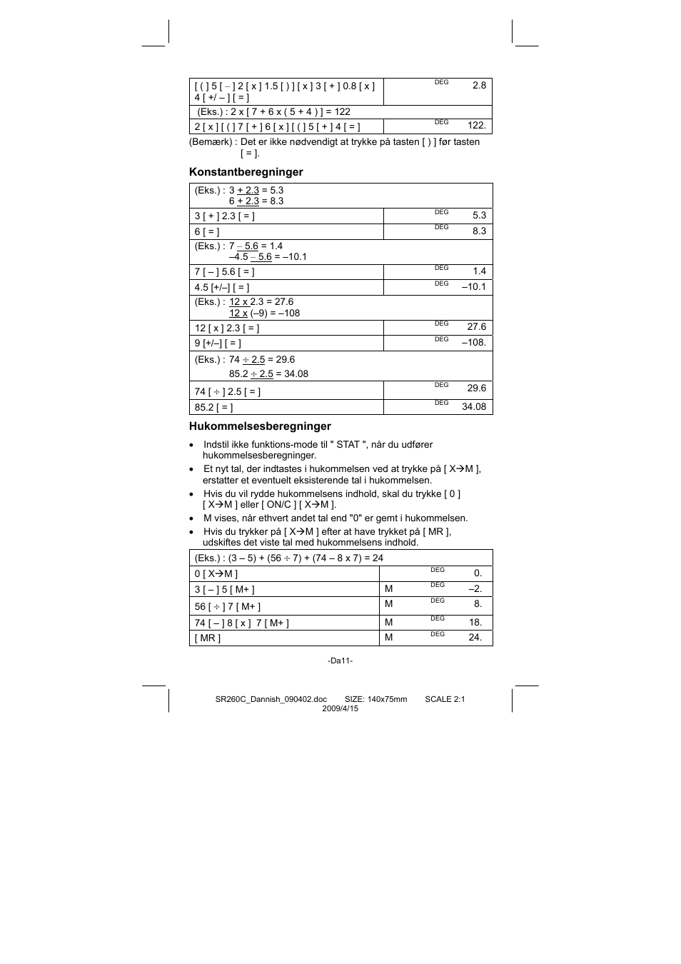 Konstantberegninger, Hukommelsesberegninger | CITIZEN SRP-265N User Manual | Page 143 / 192