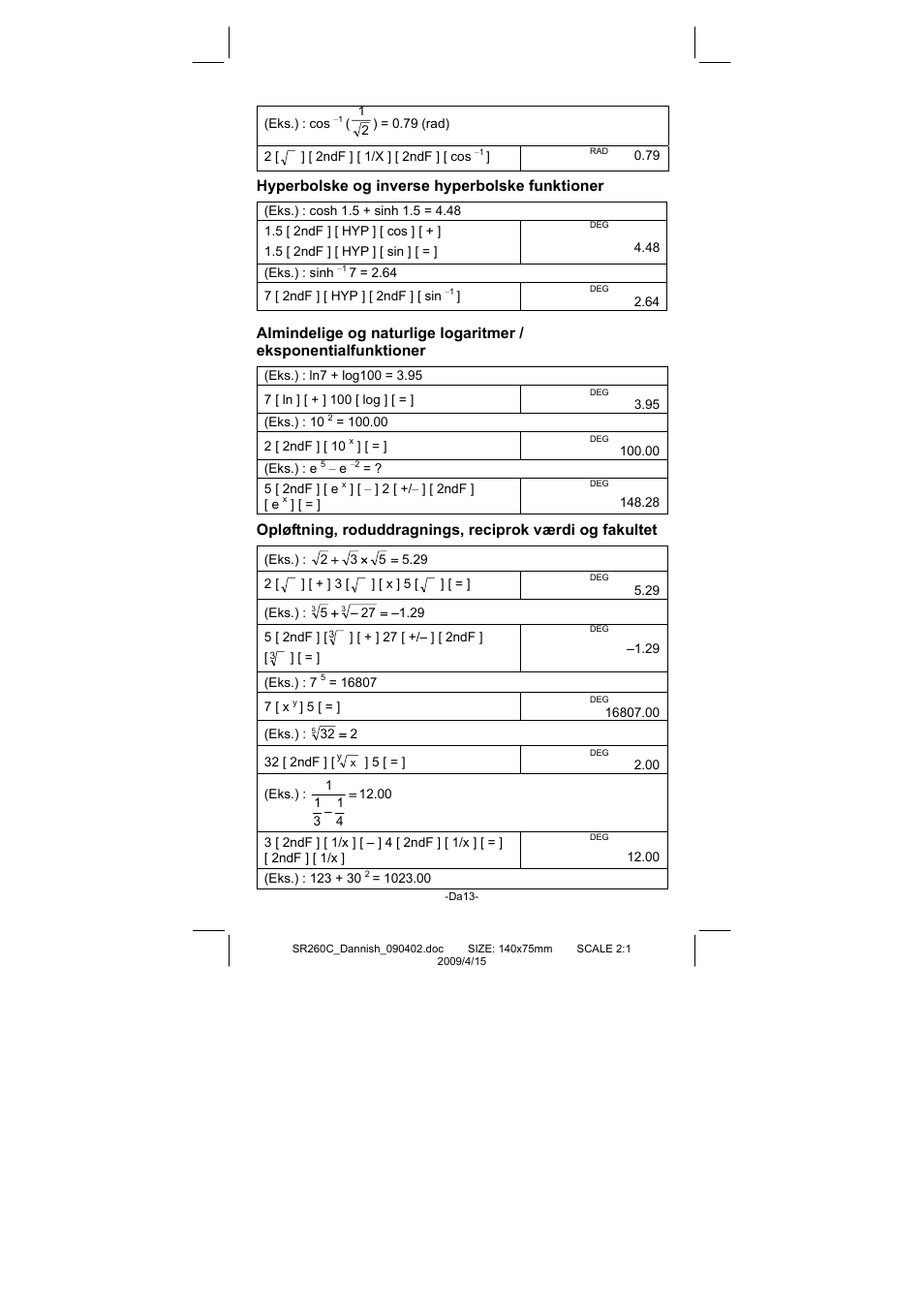 Hyperbolske og inverse hyperbolske funktioner | CITIZEN SRP-265N User Manual | Page 145 / 192