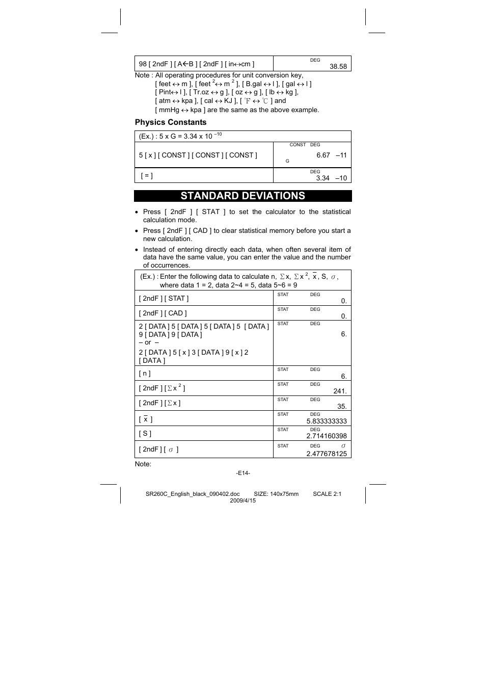 Standard deviations, Physics constants | CITIZEN SRP-265N User Manual | Page 15 / 192