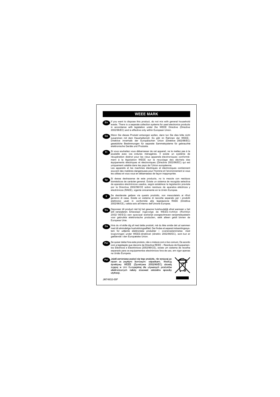 Weee mark | CITIZEN SRP-265N User Manual | Page 191 / 192